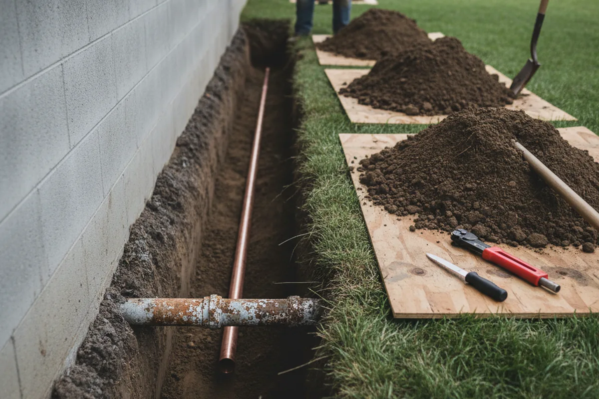 Excavated water line trench during Water Heater Repair in Heflin